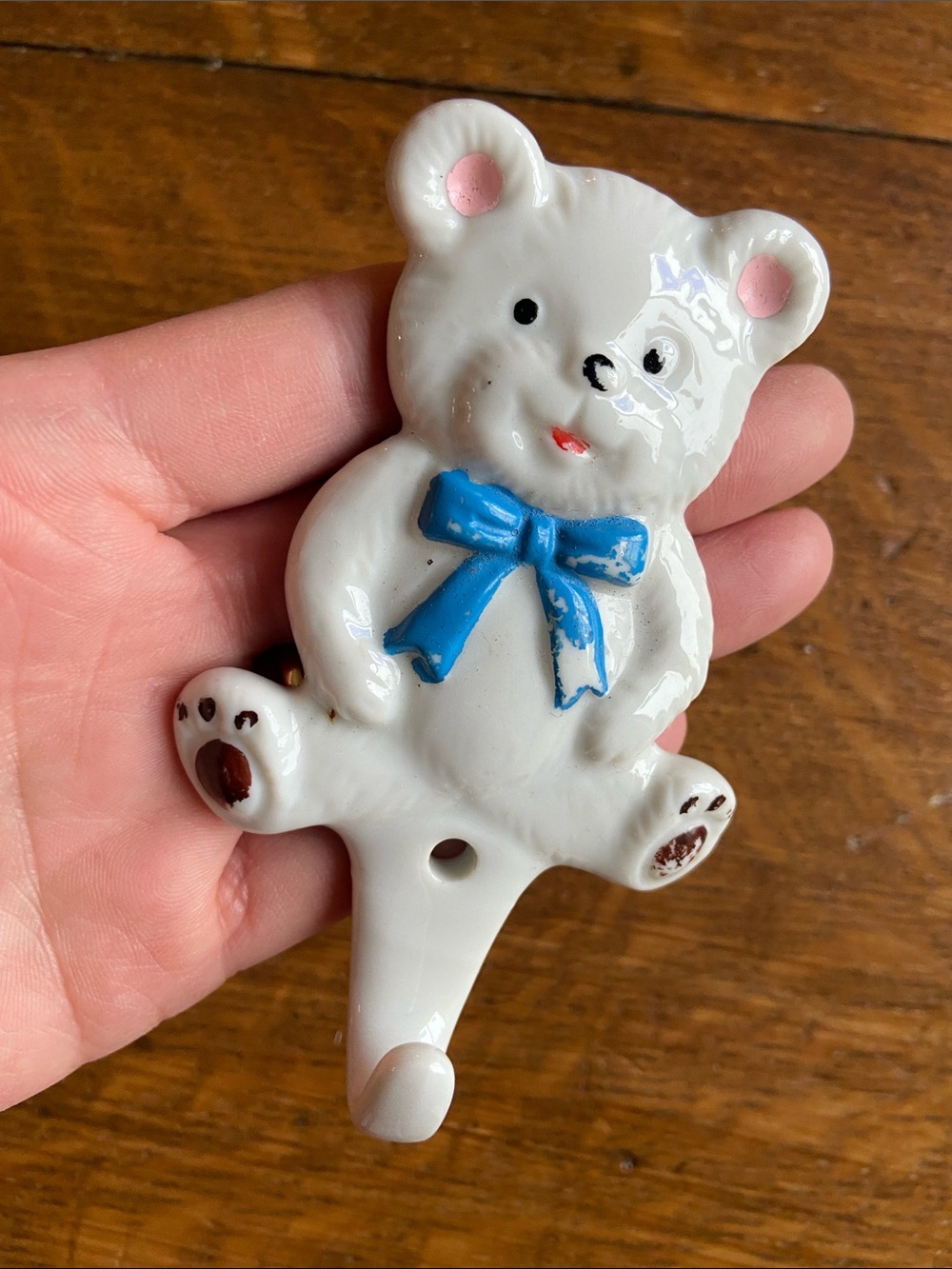 Mid Century Porcelain Children’s Wall Hook Teddy Bear Anamorphic Nursery Decor